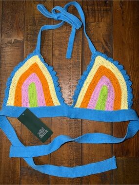 Hand-Crocheted Rainbow Bikini Top in Bright Blue